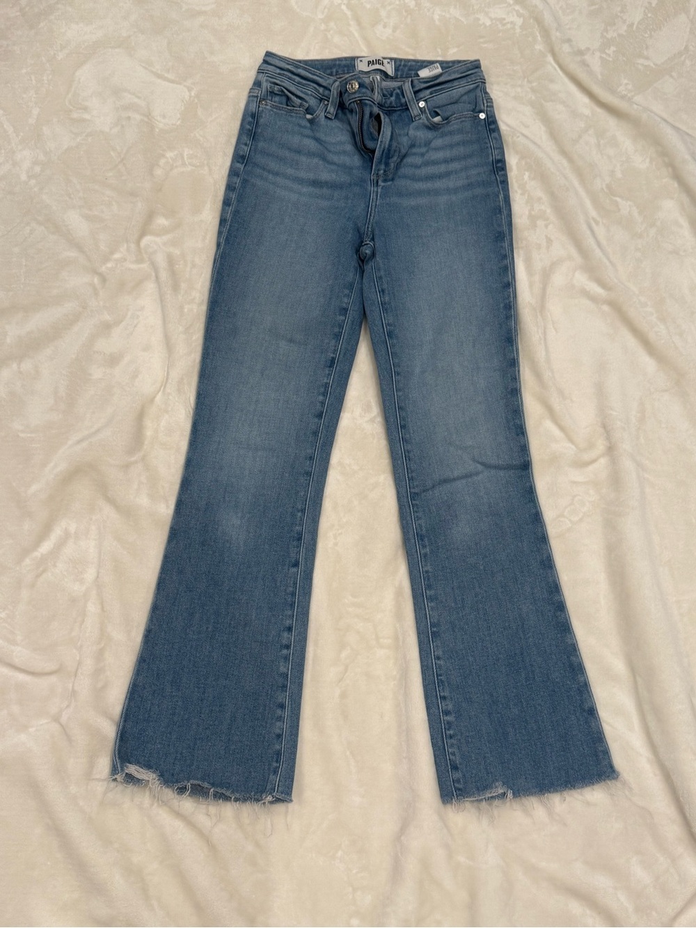 PAIGE Blue Flare Jeans with Raw Hem